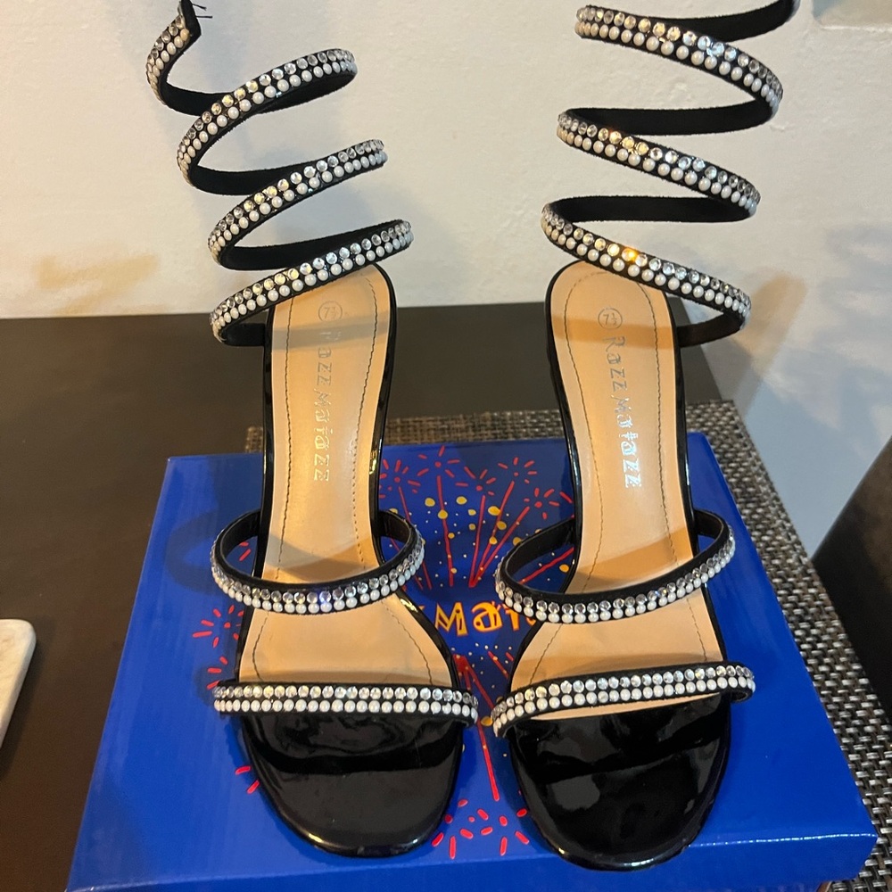 Black Razzmatazz Strappy Heels with pearls and diamons.